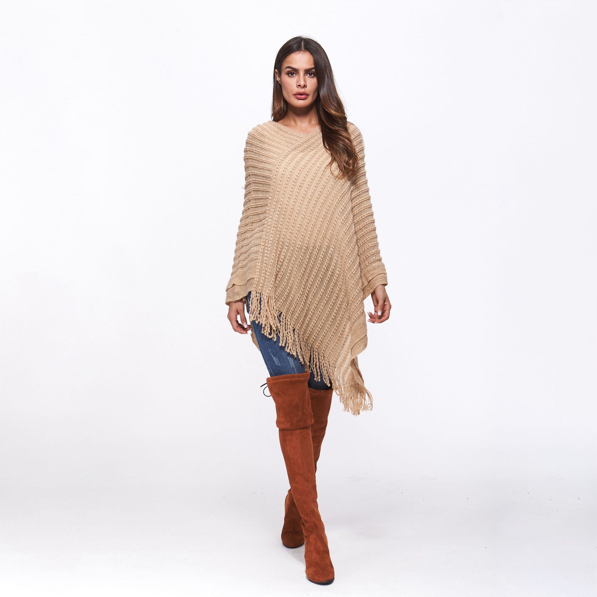 SZ60183-2 Loose Style Tassels Knit Irregular Cloak Sweater